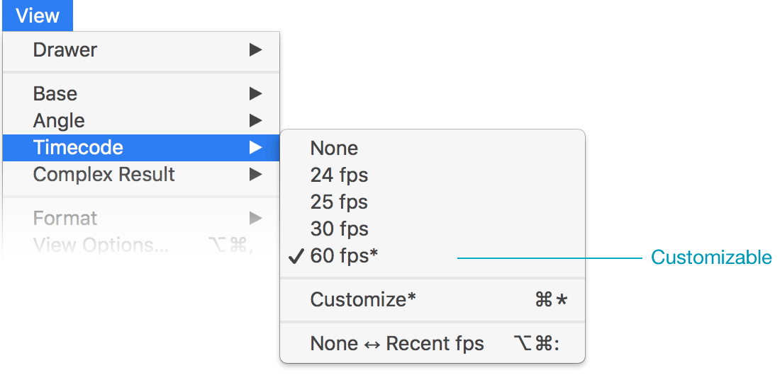 Menu ▸ View ▸ Timecode ▸ Custom fps